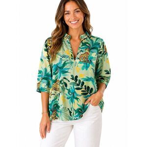 Amaya Tropical Leopard Print Blouse Green Cotton Resort Top S NWOT